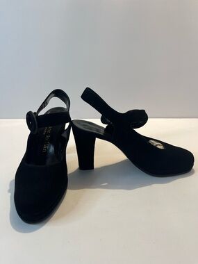 Stephane Kelian Black Suede Slingback Pumps with Round Buckle